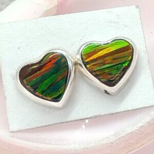 Heart Shaped Rainbow Ammolite Sterling Silver Post Earrings .4"